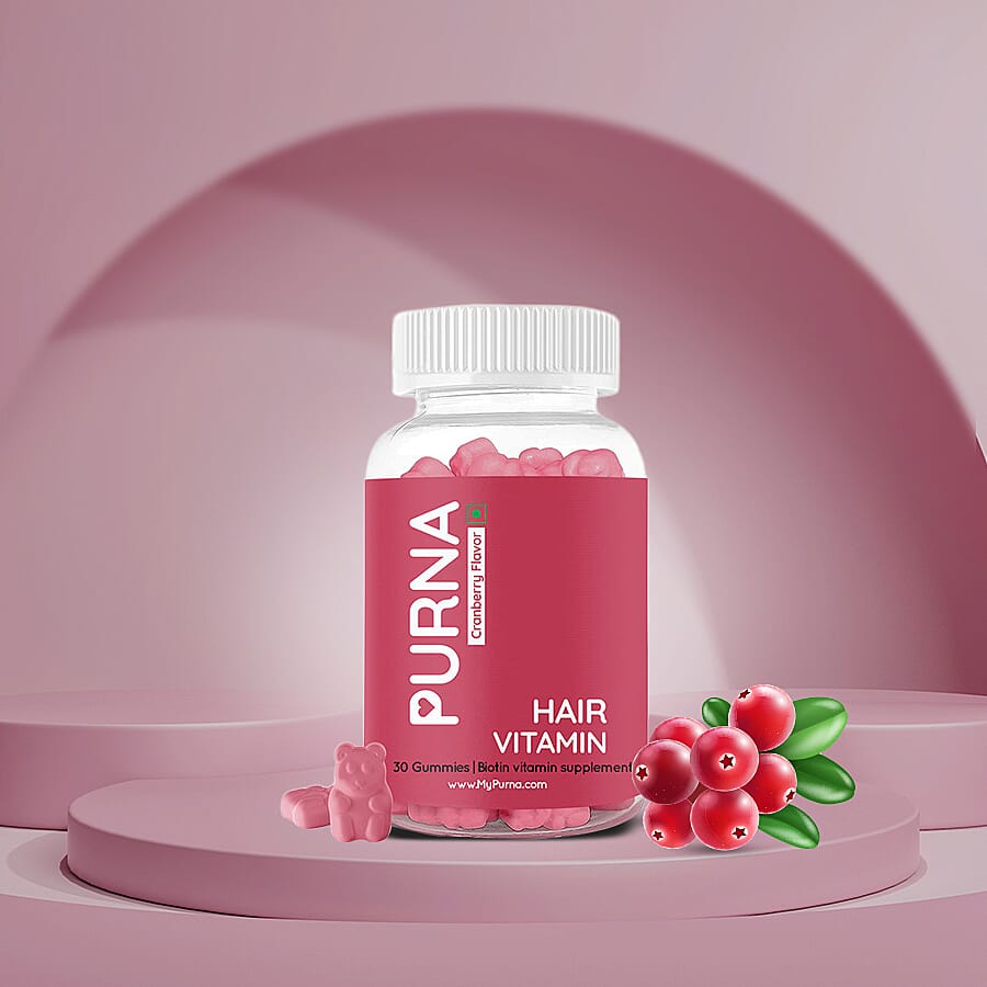 PURNA: Flowing Hair Vitamin Biotin 30 Gummies for Adults & Kids (Vegan, 100% RDA, Maximum Strength) - Cranberry
