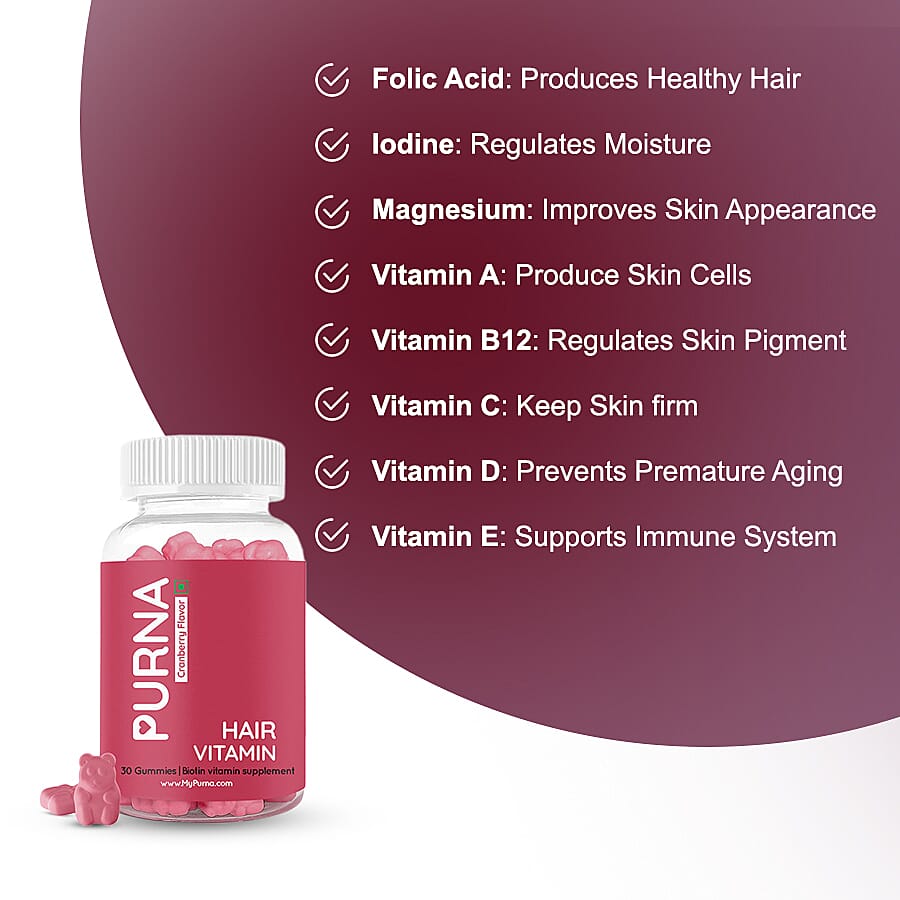 PURNA: Flowing Hair Vitamin Biotin 30 Gummies for Adults & Kids (Vegan, 100% RDA, Maximum Strength) - Cranberry