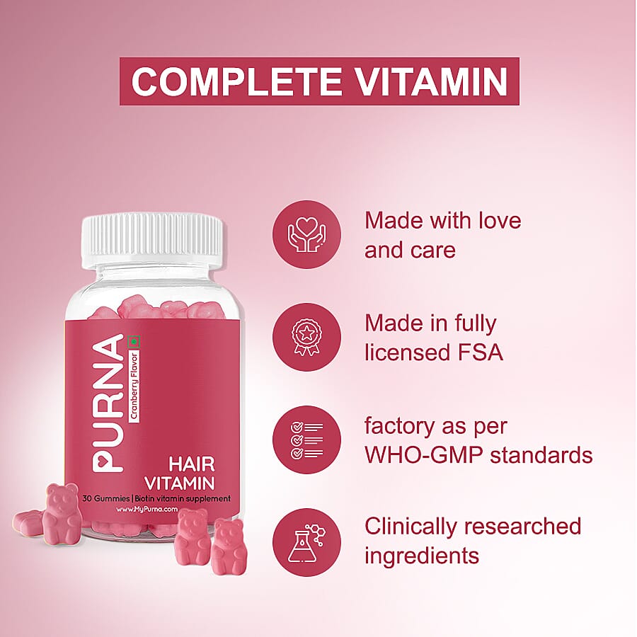 PURNA: Flowing Hair Vitamin Biotin 30 Gummies for Adults & Kids (Vegan, 100% RDA, Maximum Strength) - Cranberry
