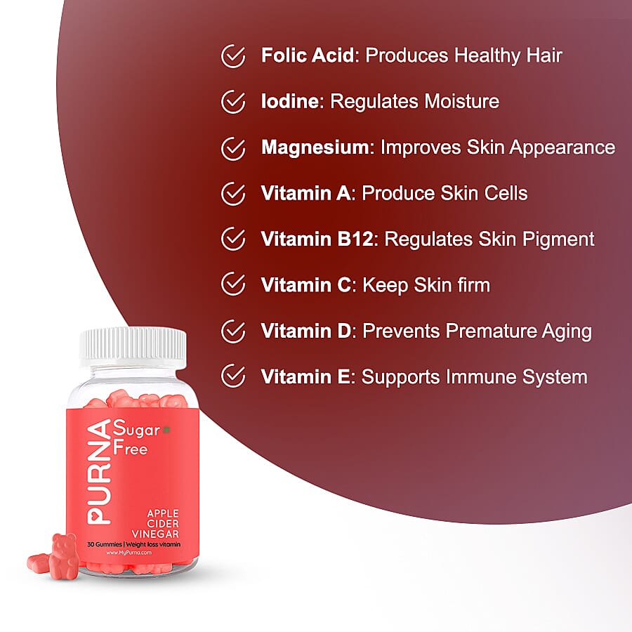 PURNA: Sugar Free Apple Cider Vinegar Weight Loss 30 Gummies for Women & Men