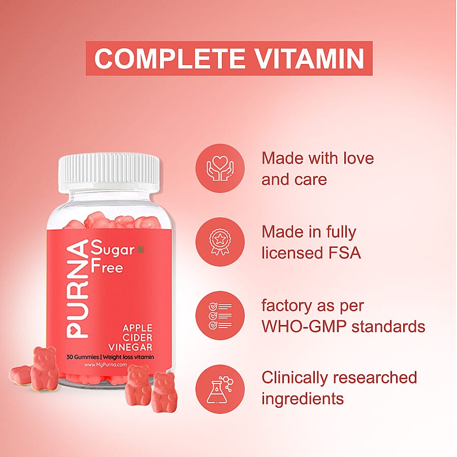PURNA: Sugar Free Apple Cider Vinegar Weight Loss 30 Gummies for Women & Men