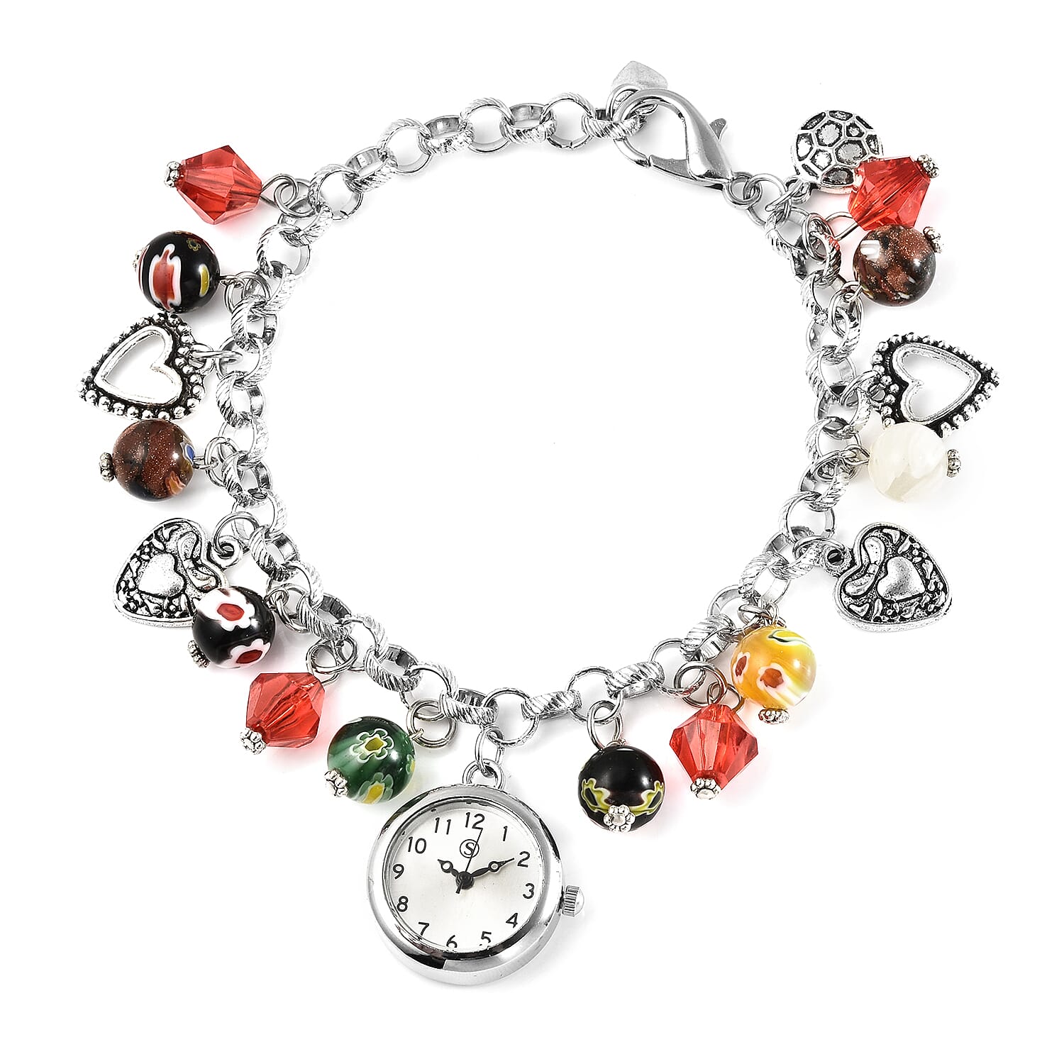 STRADA Japanese Movement Multi Colour Murano Beads Water Resistant Adjustable Charms Bracelet Watch (Size Upto 9) in Silver Tone