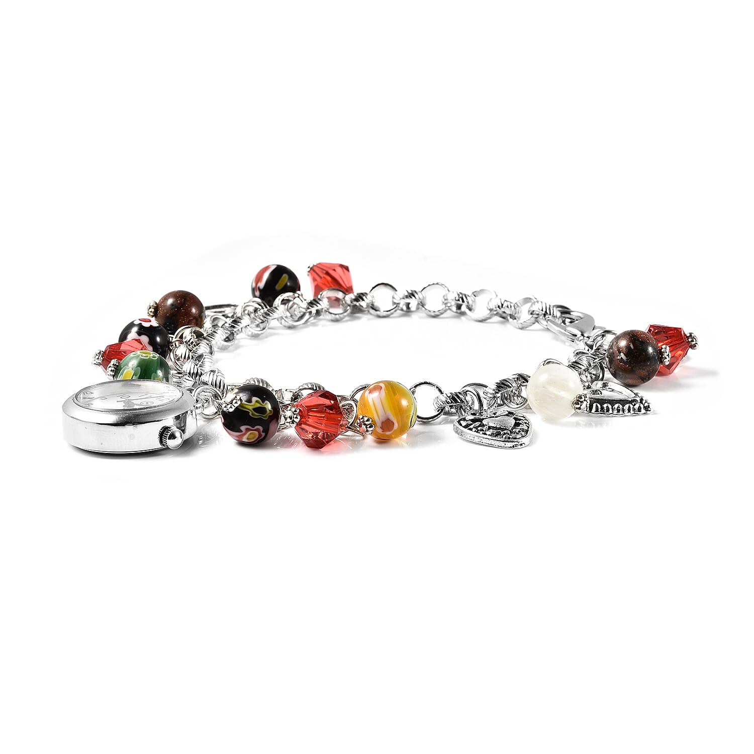 STRADA Japanese Movement Multi Colour Murano Beads Water Resistant Adjustable Charms Bracelet Watch (Size Upto 9) in Silver Tone