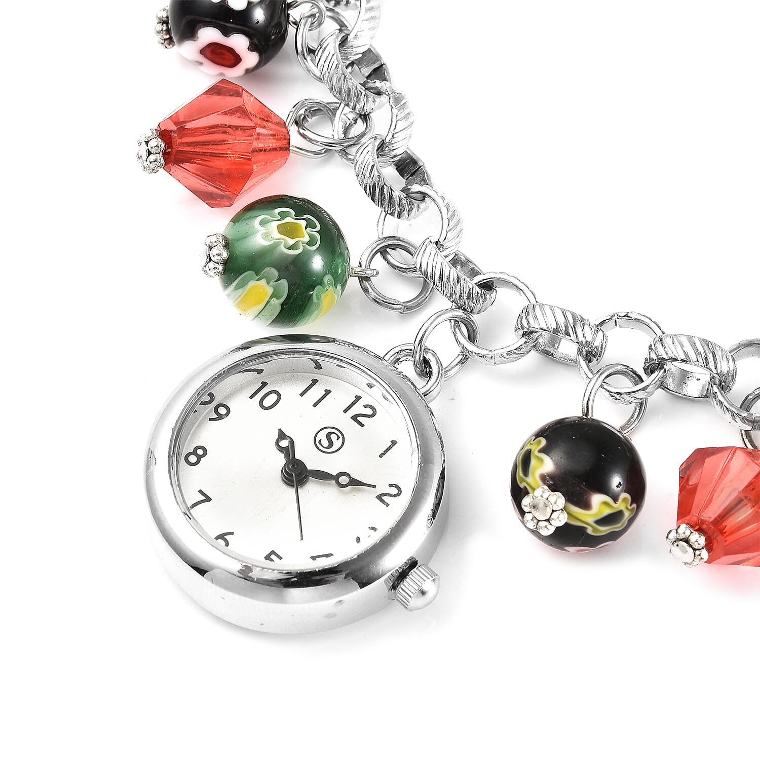 STRADA Japanese Movement Multi Colour Murano Beads Water Resistant Adjustable Charms Bracelet Watch (Size Upto 9) in Silver Tone