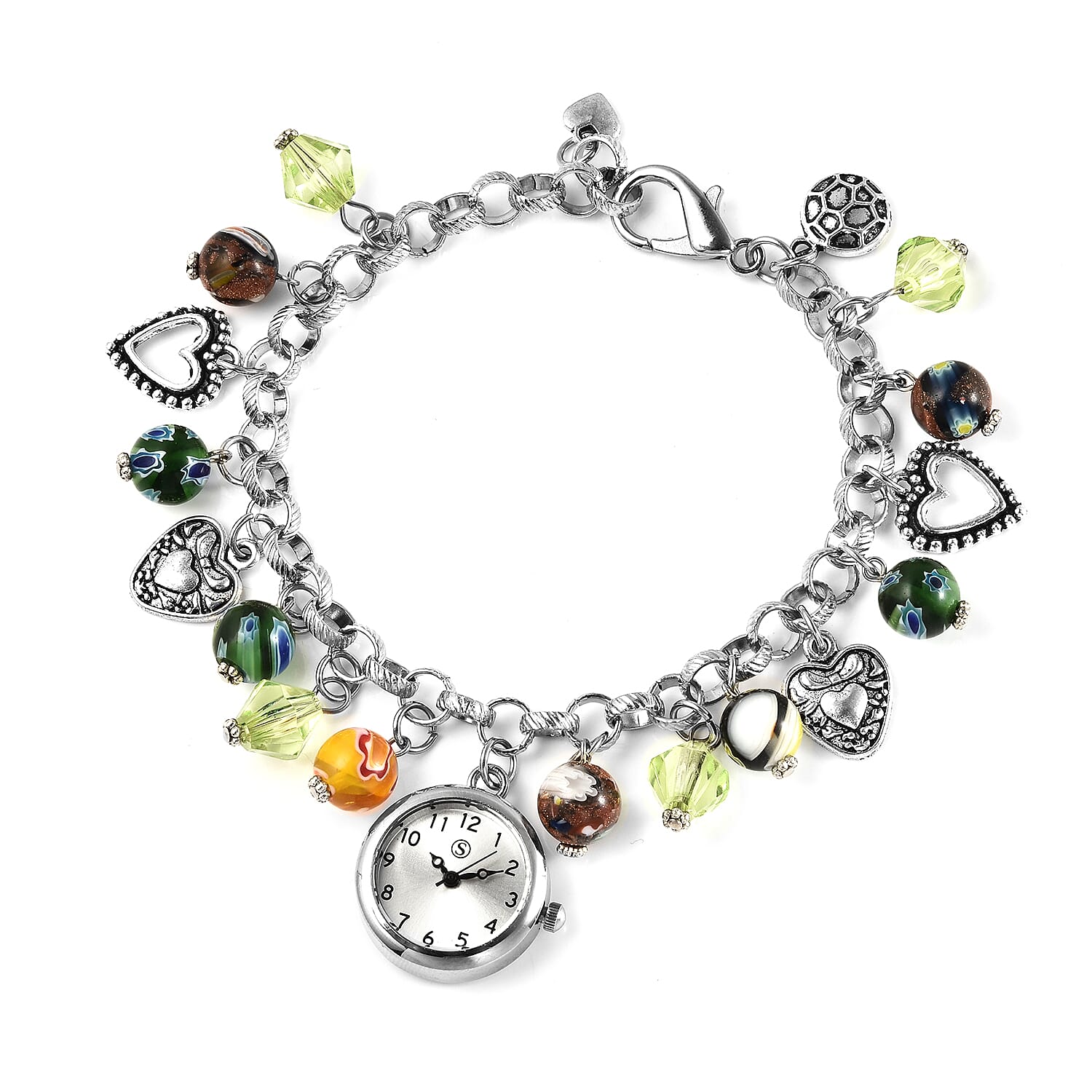 STRADA Japanese Movement Multi Colour Murano Beads Water Resistant Adjustable Charms Bracelet Watch (Size Upto 9) in Silver Tone