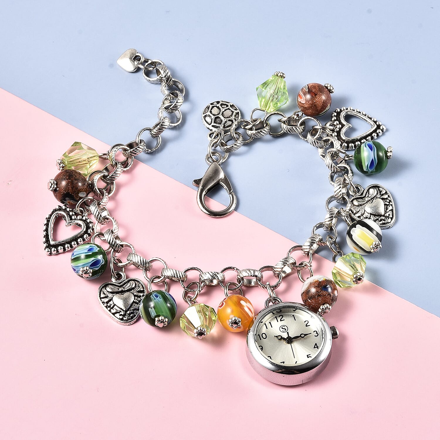 STRADA Japanese Movement Multi Colour Murano Beads Water Resistant Adjustable Charms Bracelet Watch (Size Upto 9) in Silver Tone