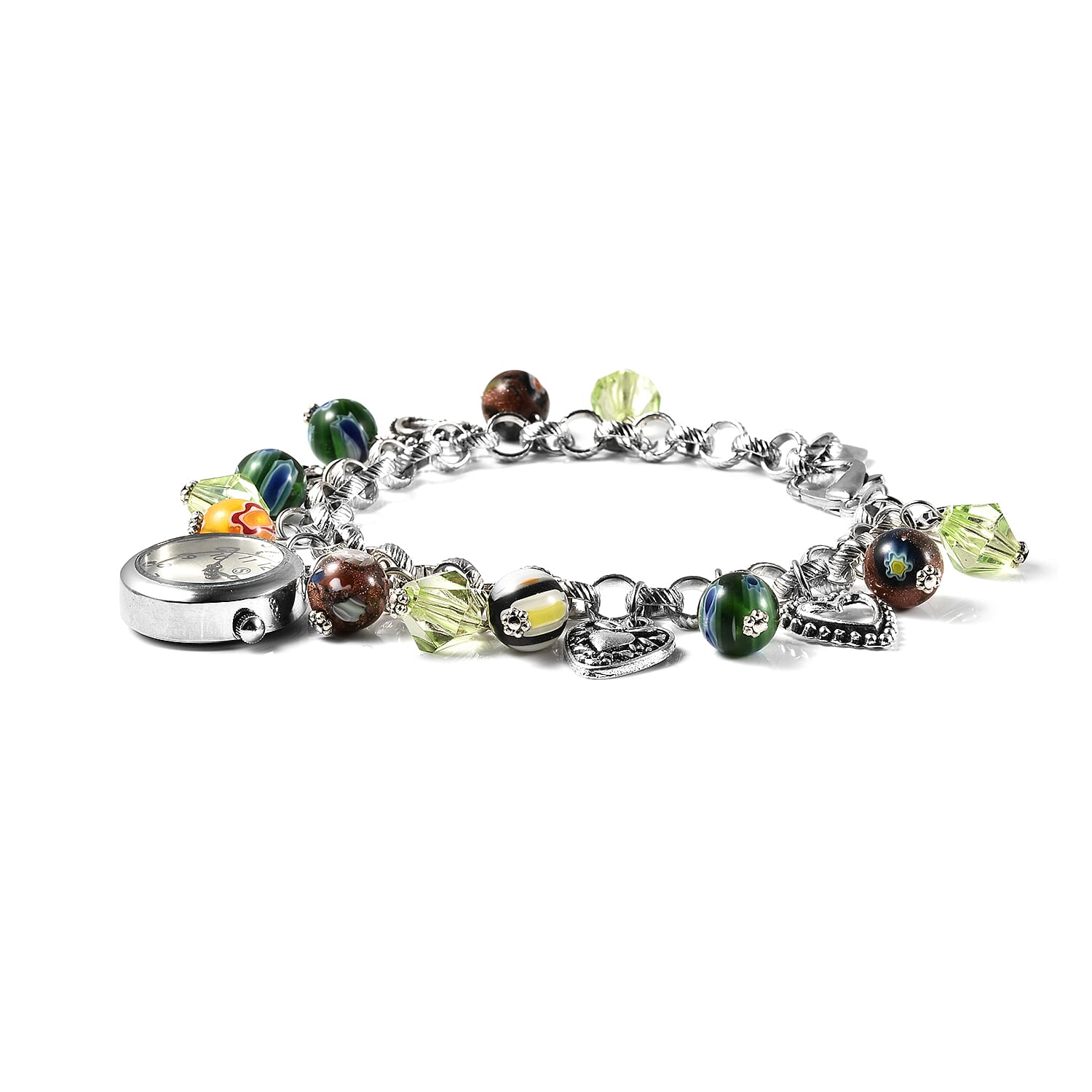 STRADA Japanese Movement Multi Colour Murano Beads Water Resistant Adjustable Charms Bracelet Watch (Size Upto 9) in Silver Tone