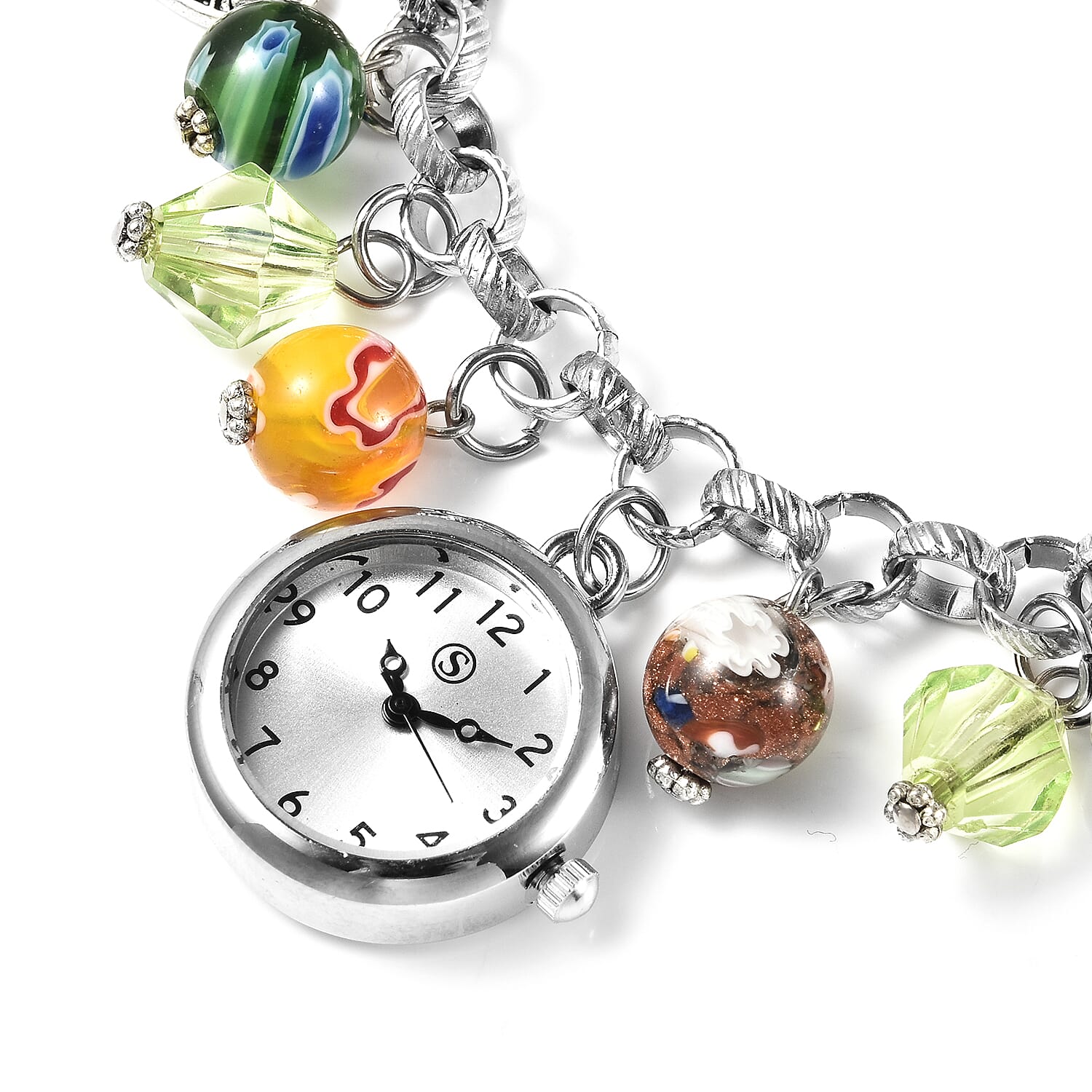 STRADA Japanese Movement Multi Colour Murano Beads Water Resistant Adjustable Charms Bracelet Watch (Size Upto 9) in Silver Tone