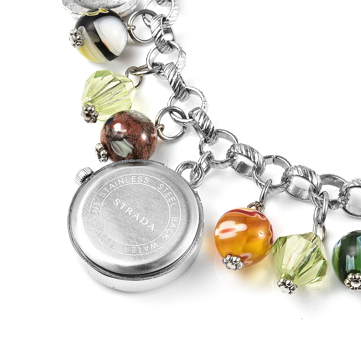 STRADA Japanese Movement Multi Colour Murano Beads Water Resistant Adjustable Charms Bracelet Watch (Size Upto 9) in Silver Tone