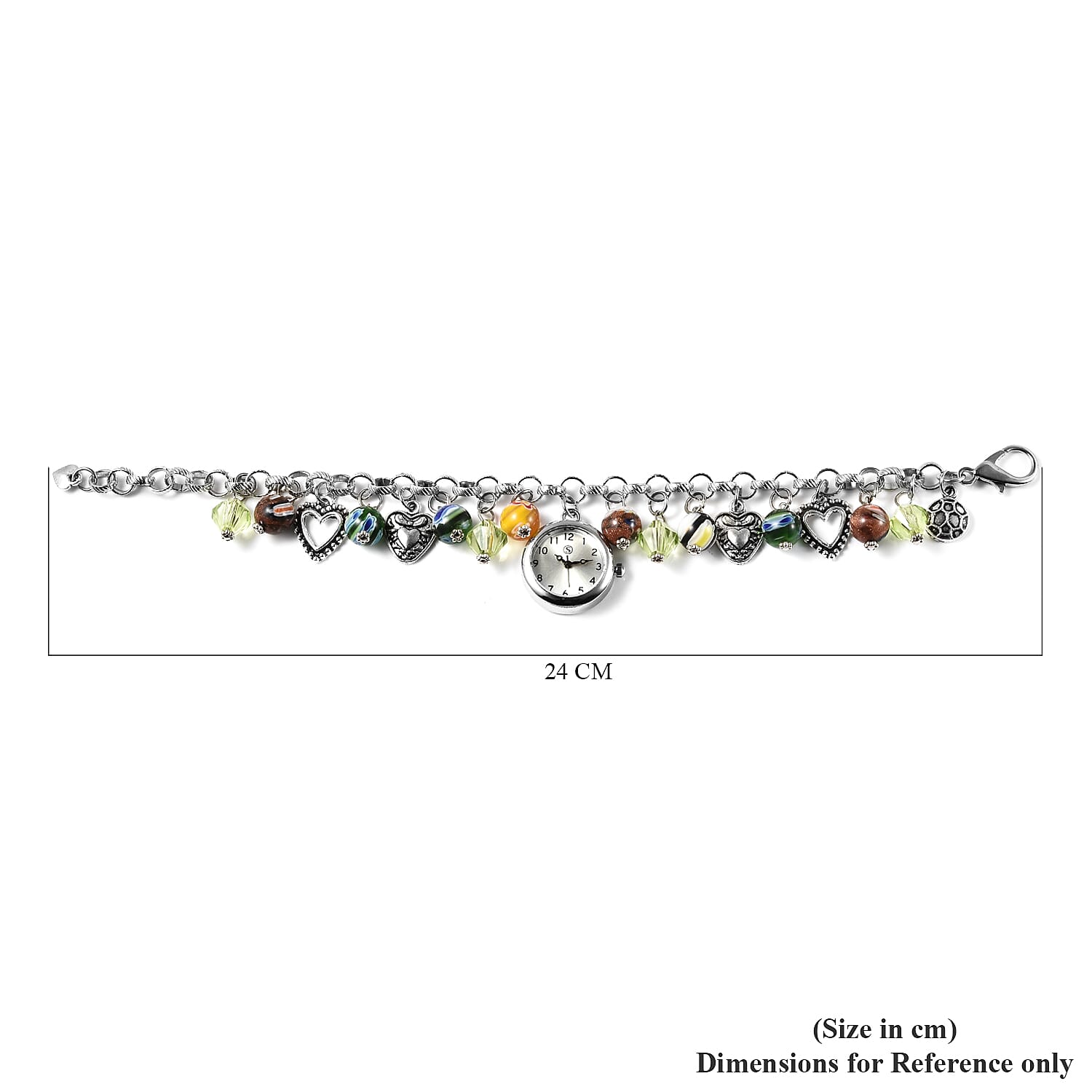 STRADA Japanese Movement Multi Colour Murano Beads Water Resistant Adjustable Charms Bracelet Watch (Size Upto 9) in Silver Tone