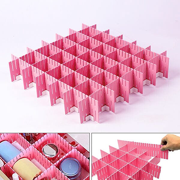 Set of 12 - DIY Plastic Grid Drawer Dividers (Size 36X7cm) - Pink