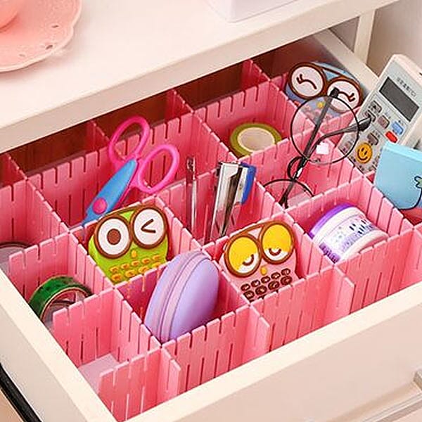 Set of 12 - DIY Plastic Grid Drawer Dividers (Size 36X7cm) - Pink