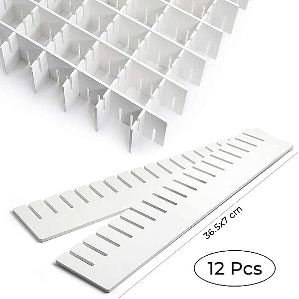 Set of 12 DIY Plastic Grid Drawer Dividers Oraniser (Size 36X7cm) - White