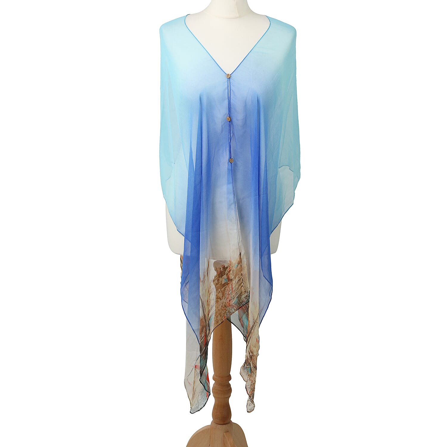 Poncho Style Summer Beach Covering in Light Blue and Beige (One Size; Length 76 cm)