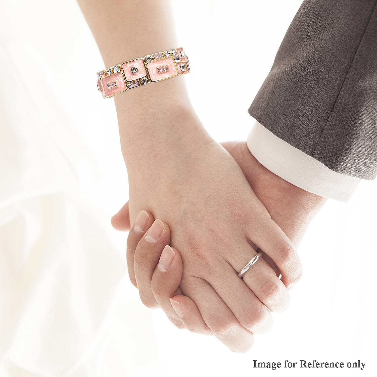 White Austrian Crystal, Simulated Diamond and Simulated Pink Sapphire Enamelled Bangle (Size 7) in Gold Tone