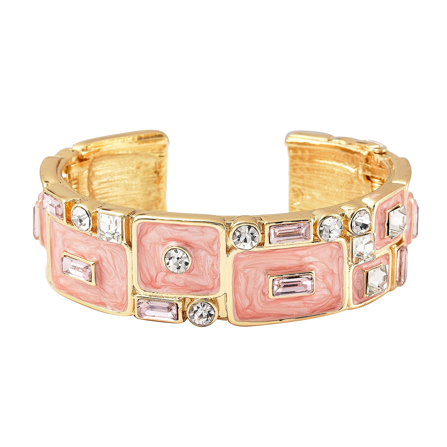 White Austrian Crystal, Simulated Diamond and Simulated Pink Sapphire Enamelled Bangle (Size 7) in Gold Tone