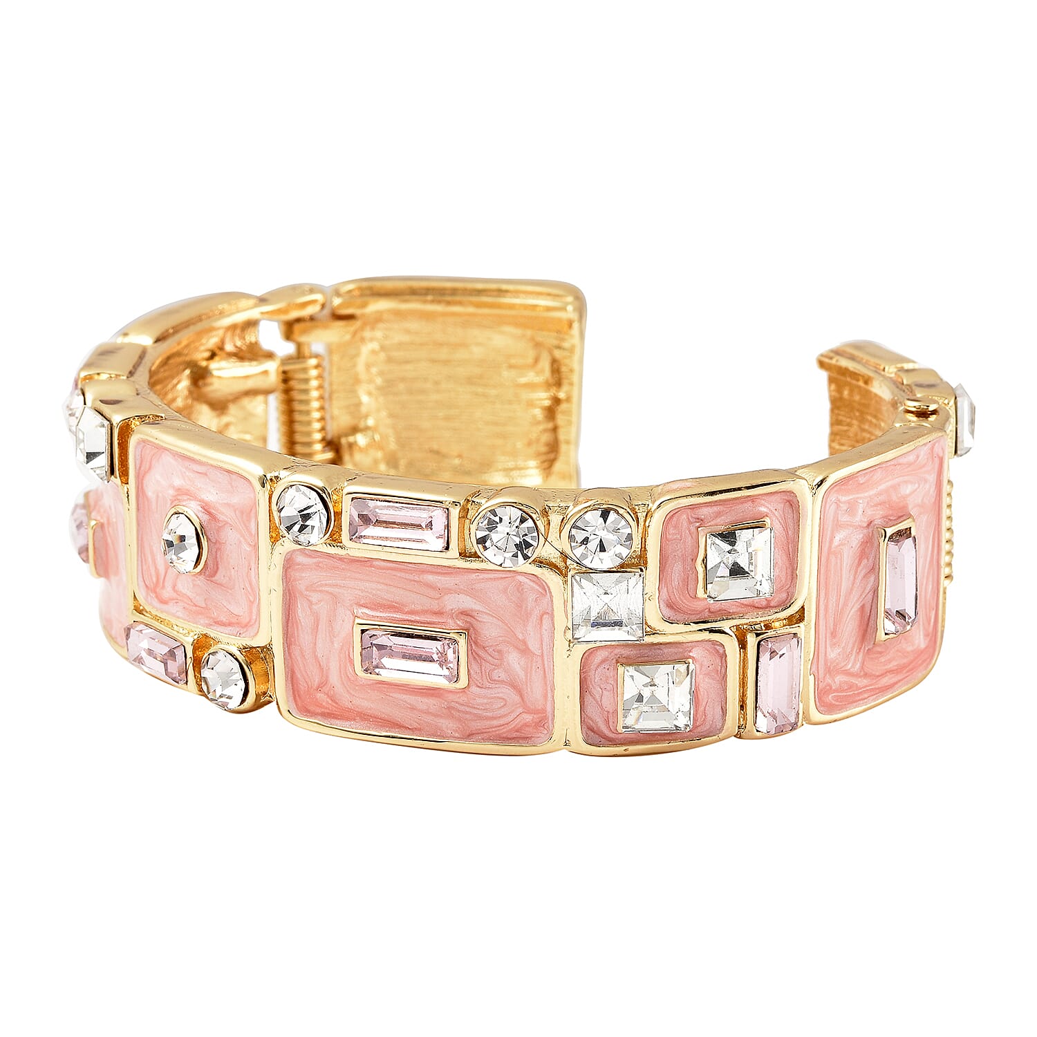 White Austrian Crystal, Simulated Diamond and Simulated Pink Sapphire Enamelled Bangle (Size 7) in Gold Tone