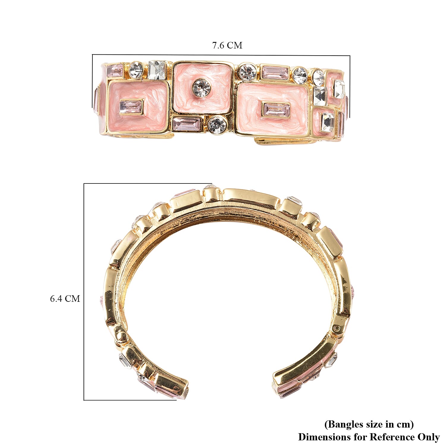 White Austrian Crystal, Simulated Diamond and Simulated Pink Sapphire Enamelled Bangle (Size 7) in Gold Tone