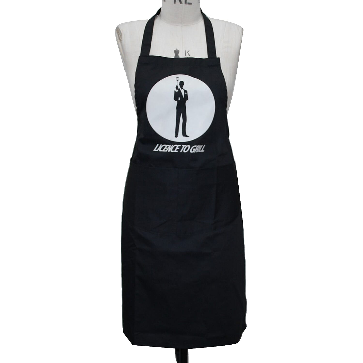 Apron with License To Grill Print and Front Pocket in Black (One Size; 115x69cm)