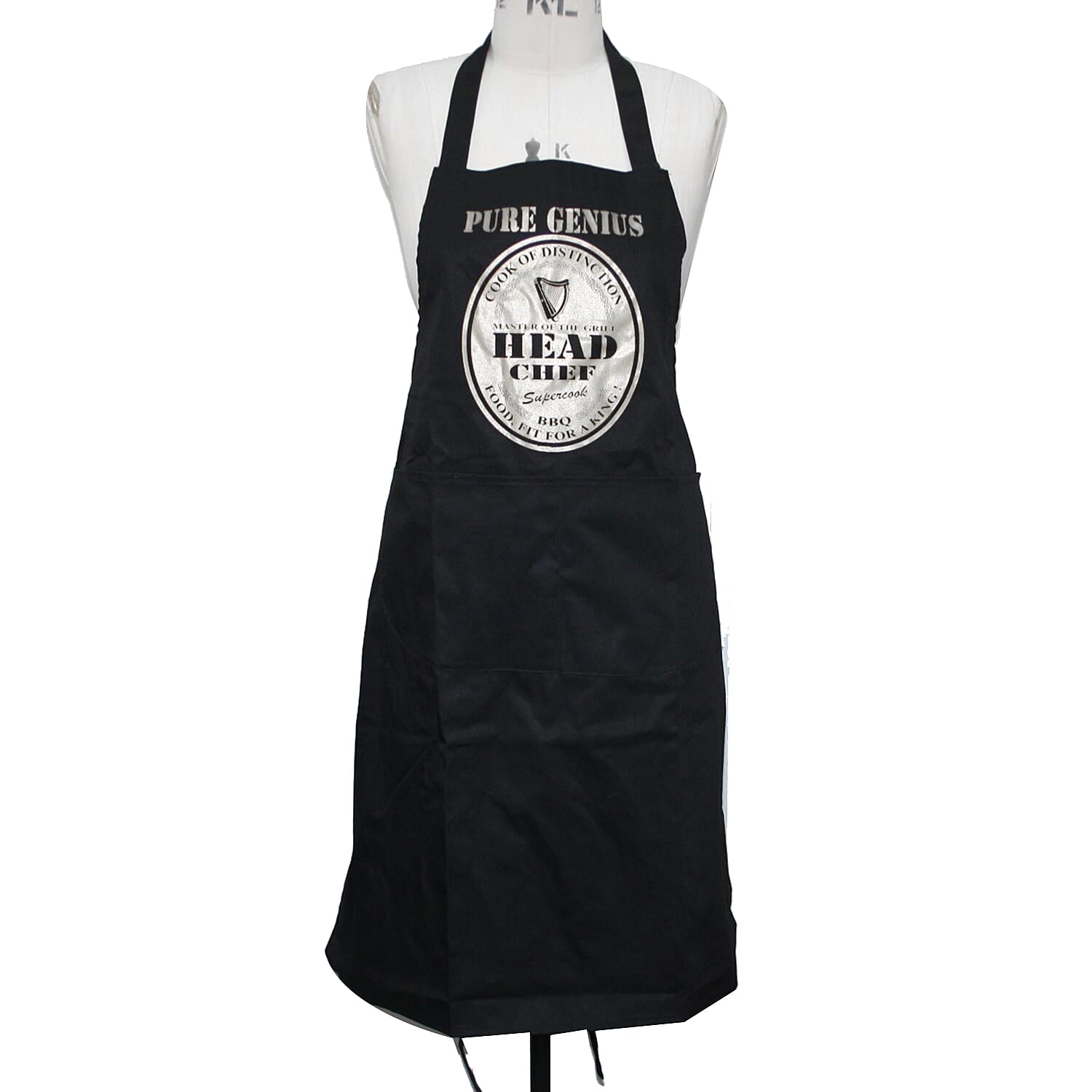 Apron with Head Chef Print and Front Pocket in Black (One Size; 115x69cm)