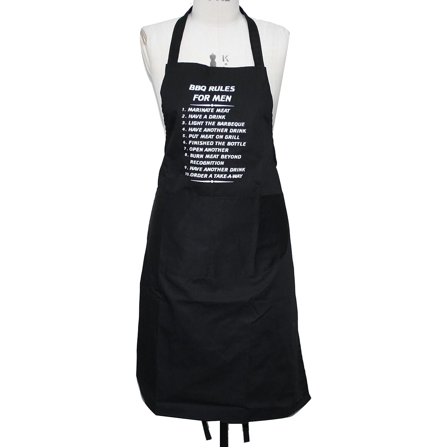 Apron with BBQ Rules for Man Print and Front Pocket in Black (One Size; 115x69cm)