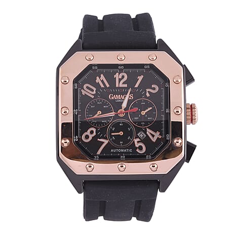 GAMAGES OF LONDON Limited Edition Hand Assembled Tyrrell Consul Automatic Movement Rose Gold IP Case Water Resistant Watch with Black Silicon Strap