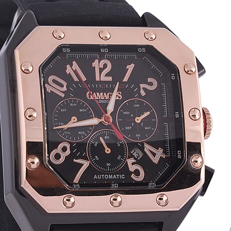 GAMAGES OF LONDON Limited Edition Hand Assembled Tyrrell Consul Automatic Movement Rose Gold IP Case Water Resistant Watch with Black Silicon Strap