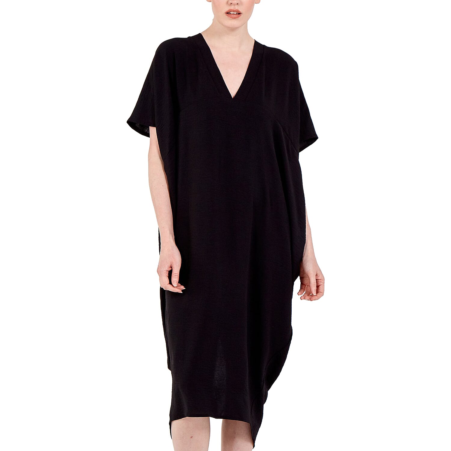 Nova of London Oversized V-Neck Back Slit Detail Midi Dress in Black 