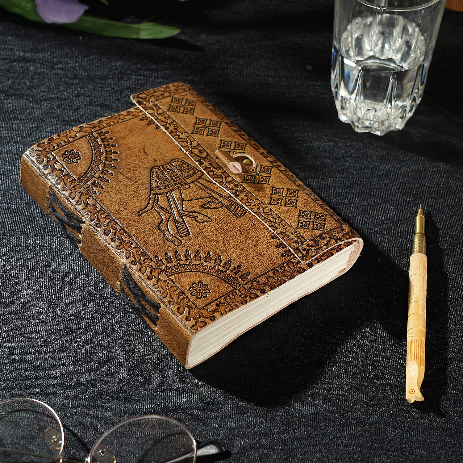 Handcrafted Camel Embossed Leather Journal with Wooden Pen (18x13 cm)