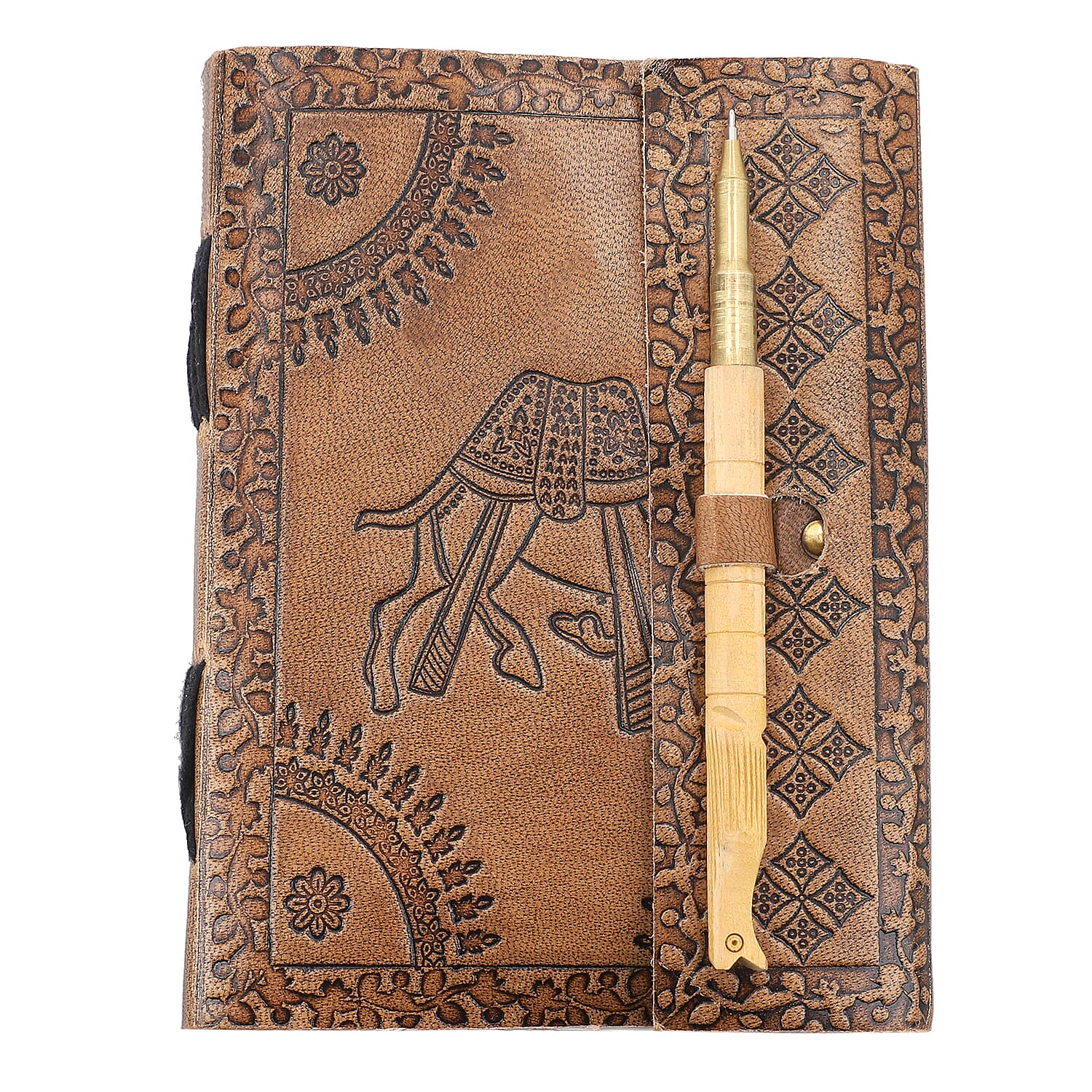 Handcrafted Camel Embossed Leather Journal with Wooden Pen (18x13 cm)