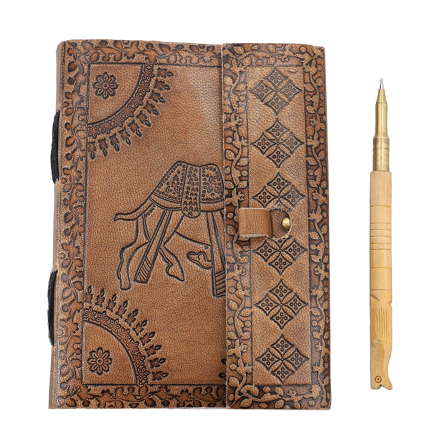 Handcrafted Camel Embossed Leather Journal with Wooden Pen (18x13 cm)