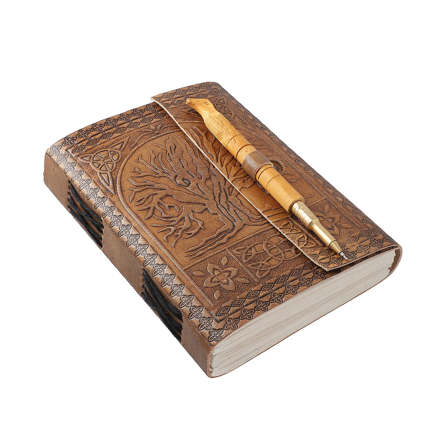 100% Genuine Leather and 100 % Cottton Handmade Paper Handcrafted Tree Embossed Journal with Wooden Pen (Size 17.8x12.7 Cm)-  Brown