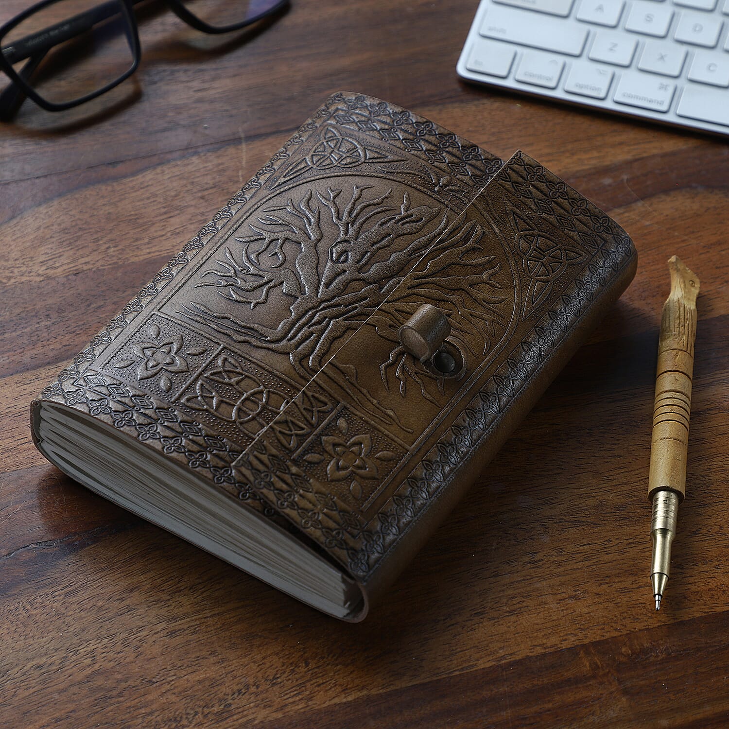 100% Genuine Leather and 100 % Cottton Handmade Paper Handcrafted Tree Embossed Journal with Wooden Pen (Size 17.8x12.7 Cm)-  Brown