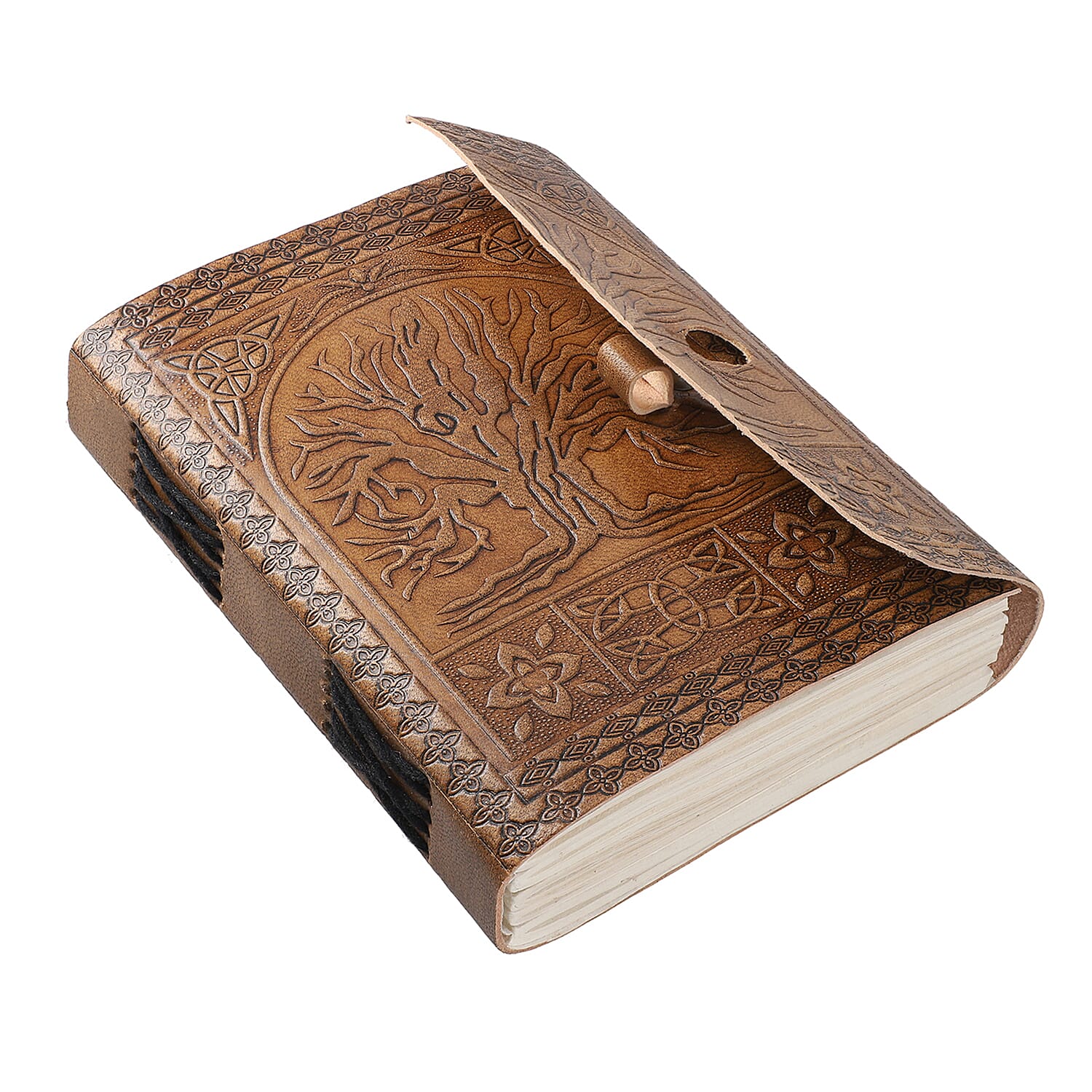 100% Genuine Leather and 100 % Cottton Handmade Paper Handcrafted Tree Embossed Journal with Wooden Pen (Size 17.8x12.7 Cm)-  Brown
