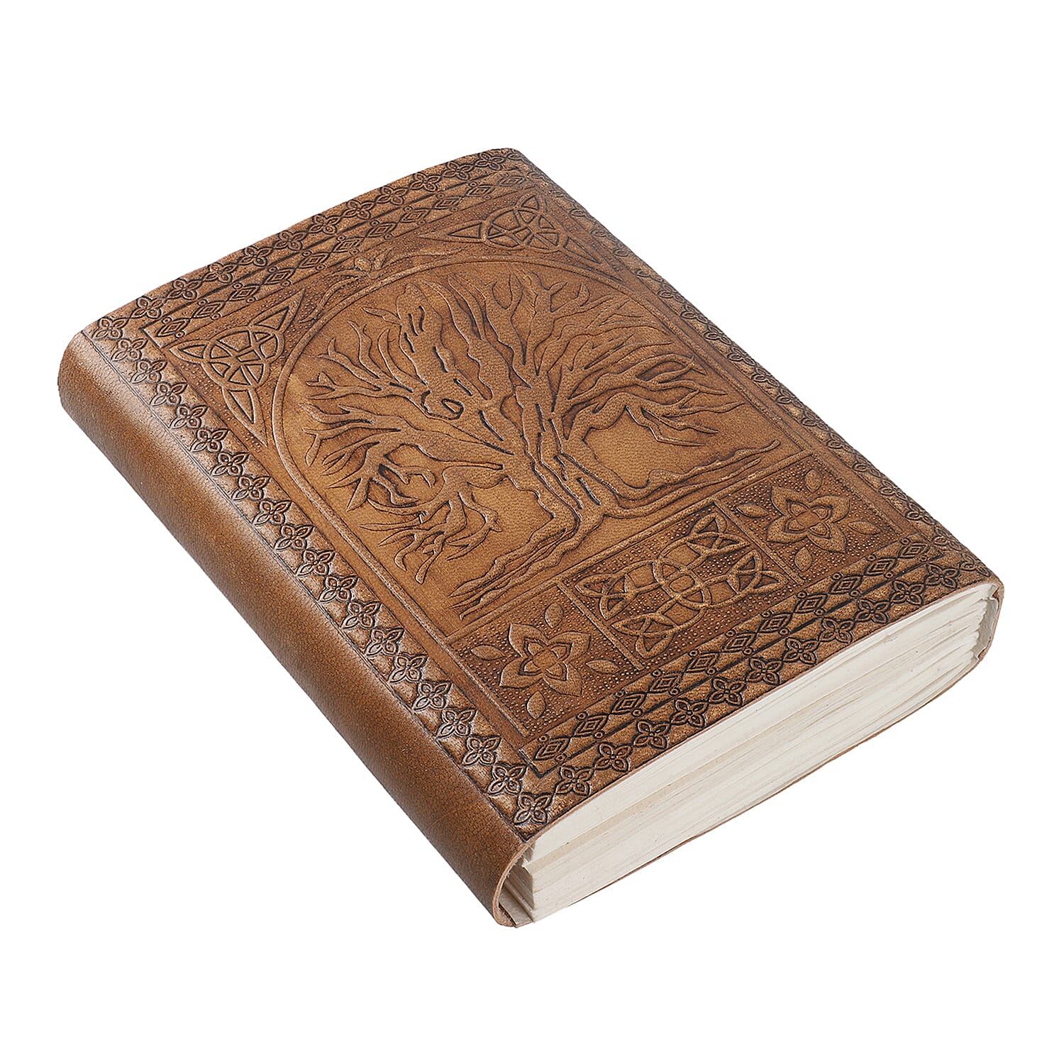 100% Genuine Leather and 100 % Cottton Handmade Paper Handcrafted Tree Embossed Journal with Wooden Pen (Size 17.8x12.7 Cm)-  Brown