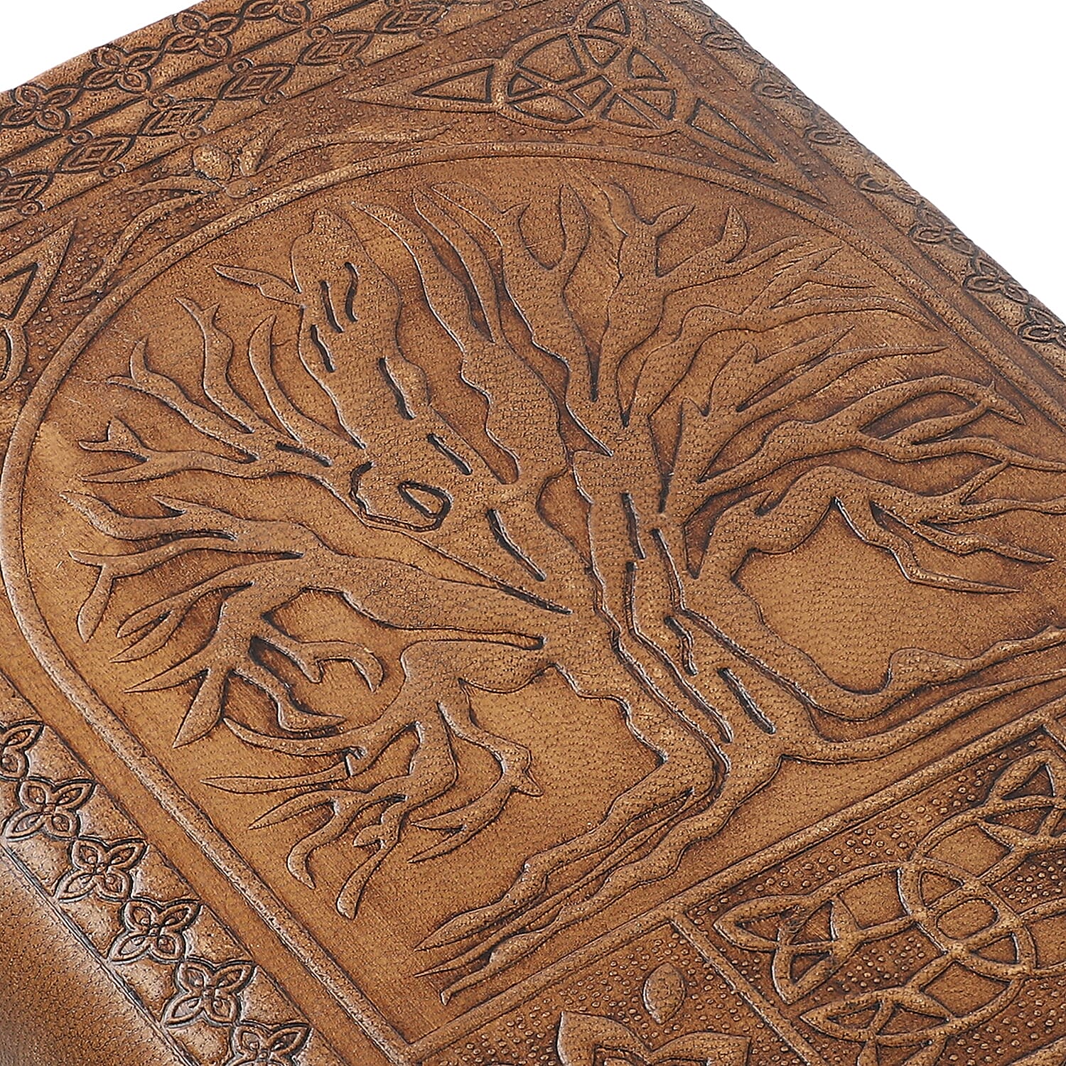100% Genuine Leather and 100 % Cottton Handmade Paper Handcrafted Tree Embossed Journal with Wooden Pen (Size 17.8x12.7 Cm)-  Brown