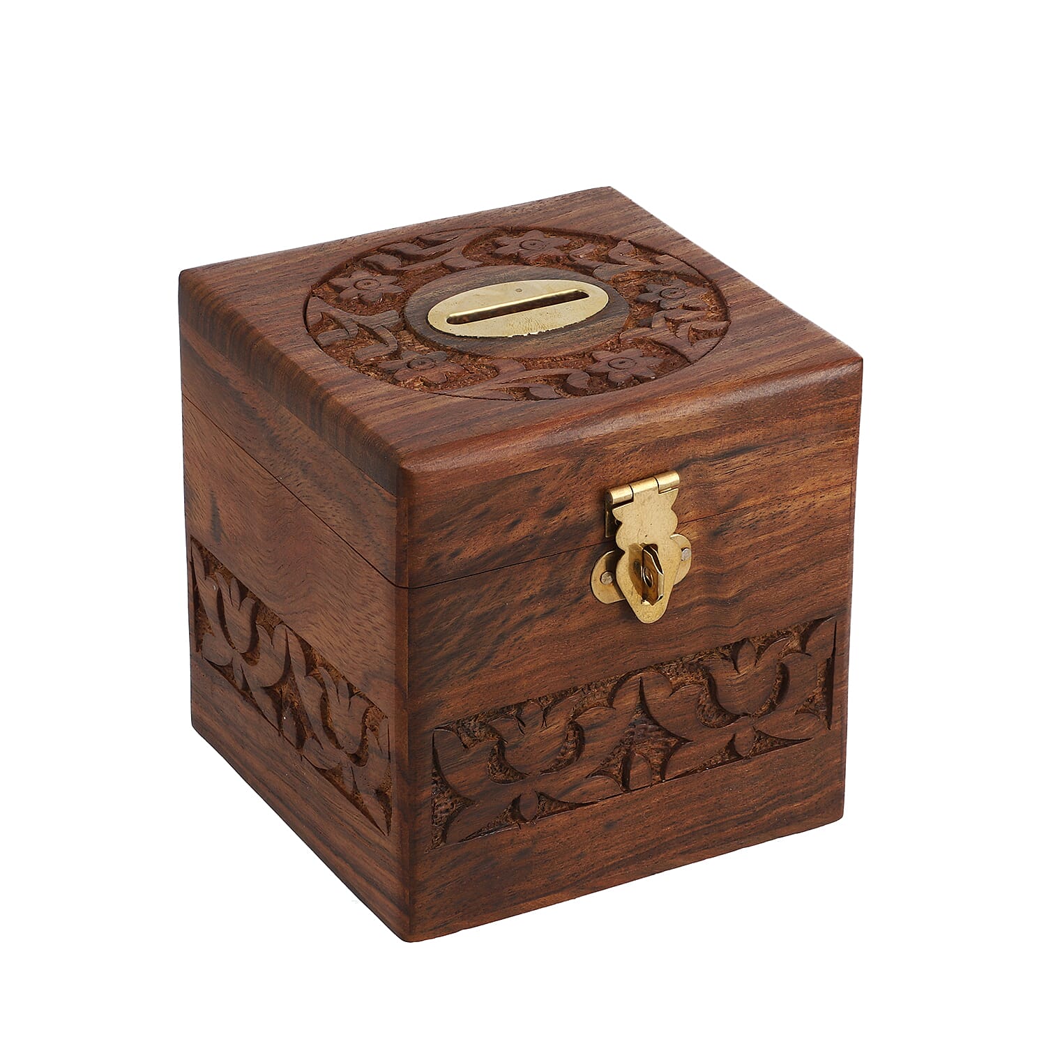 Wooden Handmade Coins Storage Money Bank with Carving Work Piggy Bank 10X10 CM