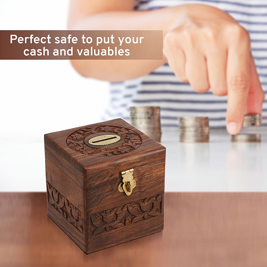 Wooden Handmade Coins Storage Money Bank with Carving Work Piggy Bank 10X10 CM