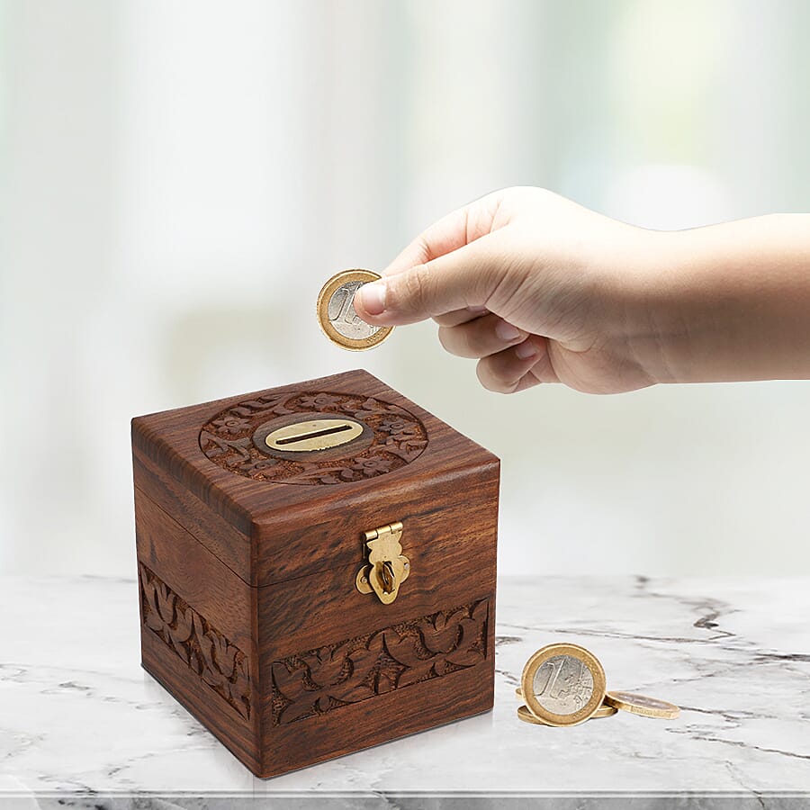 Wooden Handmade Coins Storage Money Bank with Carving Work Piggy Bank 10X10 CM