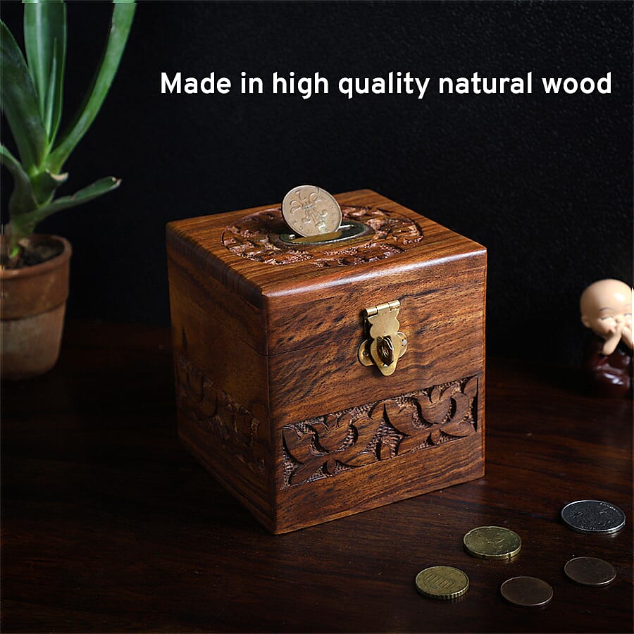 Wooden Handmade Coins Storage Money Bank with Carving Work Piggy Bank 10X10 CM