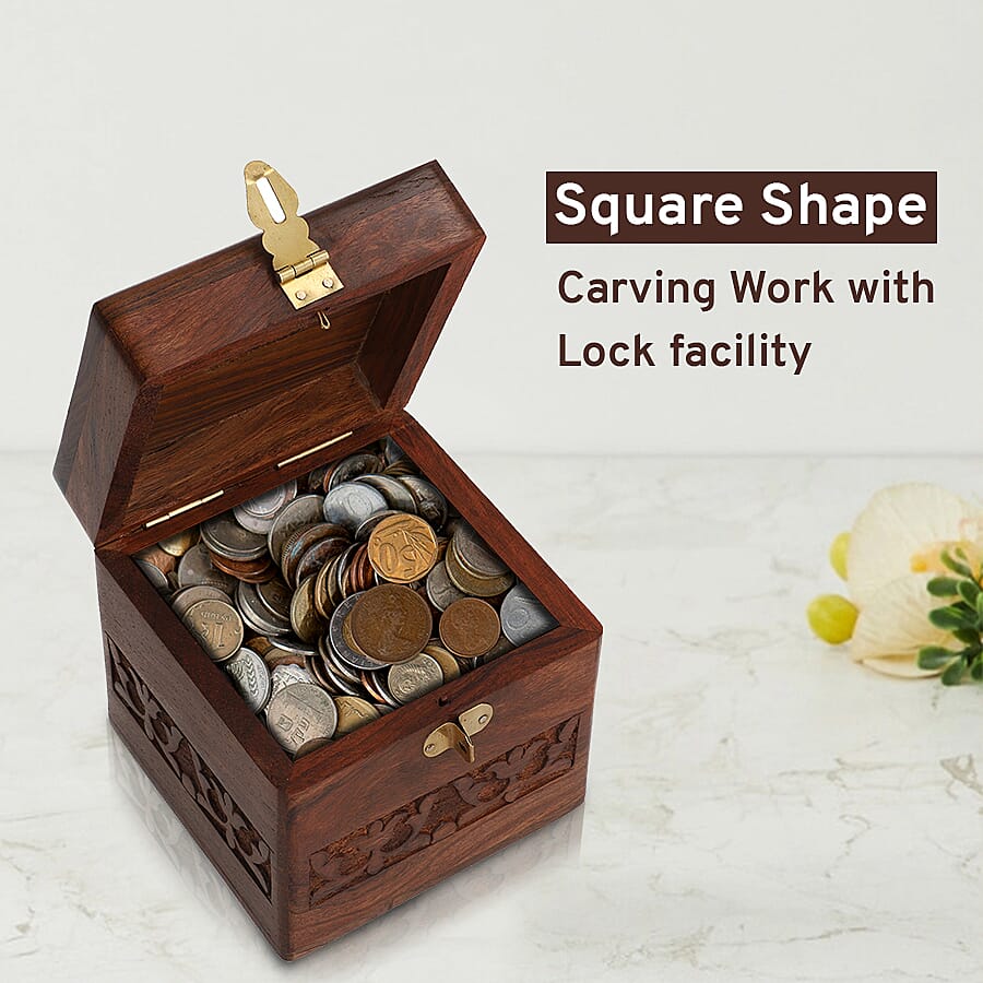 Wooden Handmade Coins Storage Money Bank with Carving Work Piggy Bank 10X10 CM