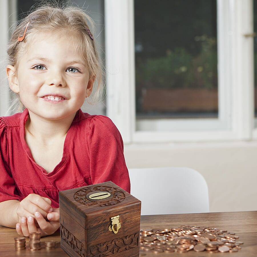 Wooden Handmade Coins Storage Money Bank with Carving Work Piggy Bank 10X10 CM