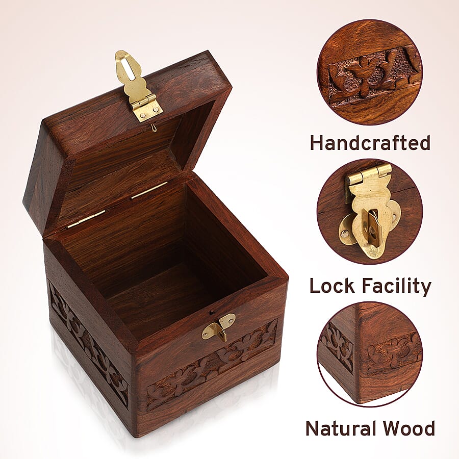 Wooden Handmade Coins Storage Money Bank with Carving Work Piggy Bank 10X10 CM