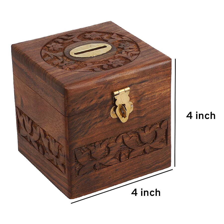 Wooden Handmade Coins Storage Money Bank with Carving Work Piggy Bank 10X10 CM