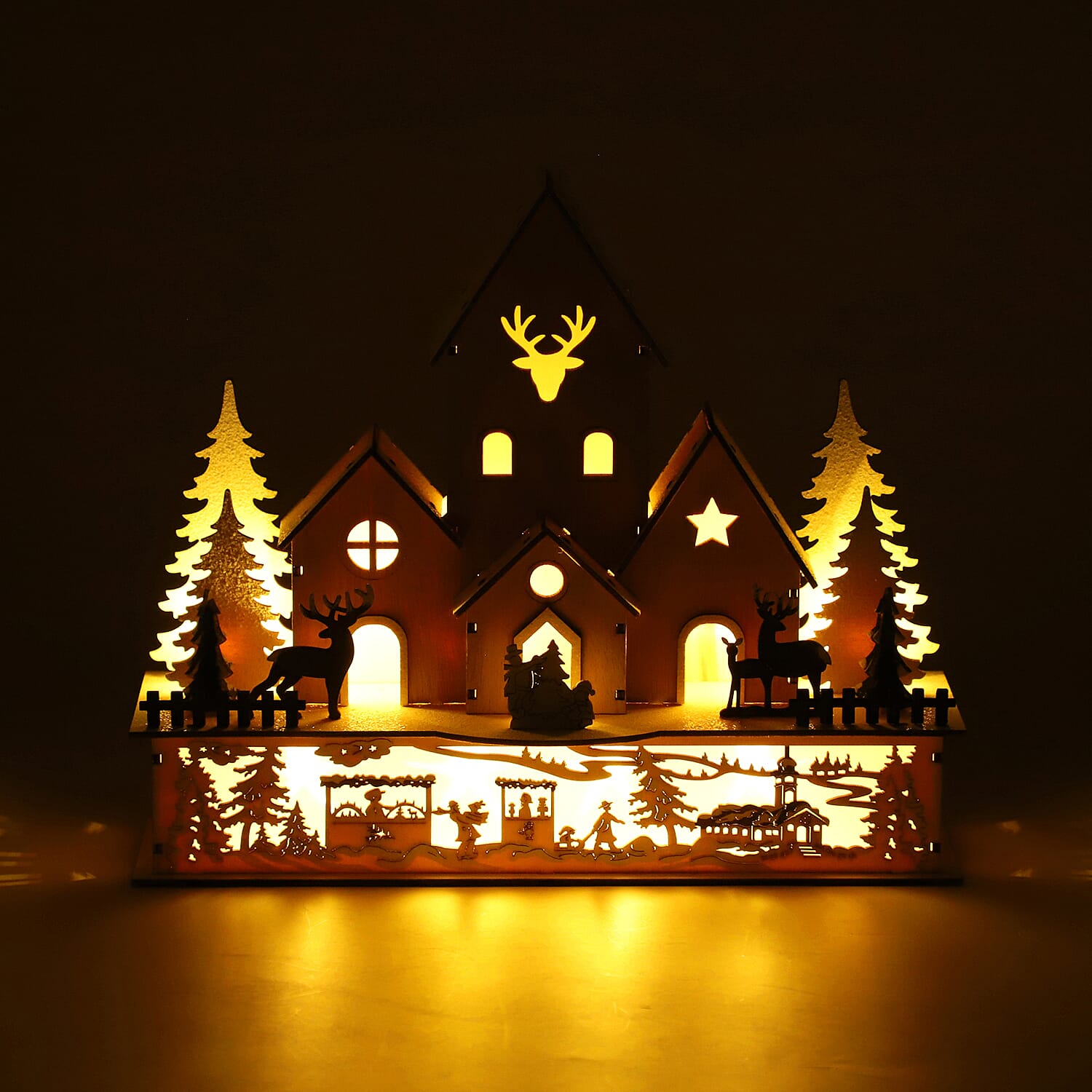 Christmas Decorative- Christmas Trees and Deer Wooden House LED Lights (Size 30x14x20cm)