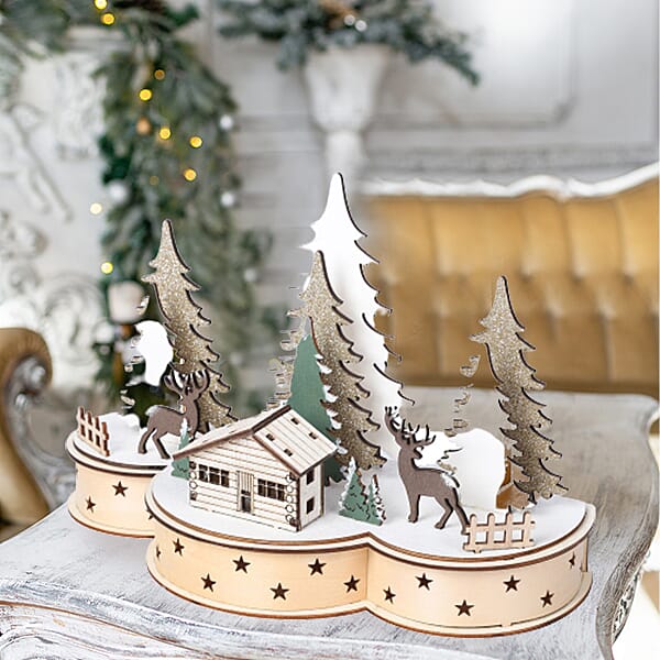 Christmas Decorative- Christmas Trees and Deer Wooden House LED Lights (Size 30x14x20cm)
