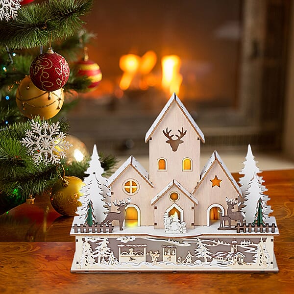 Christmas Decorative - Wooden House Scene with ChristmasTrees LED Lights  (Size 30x25x10 Cm) Requires 2AA Batteries (not Incld)