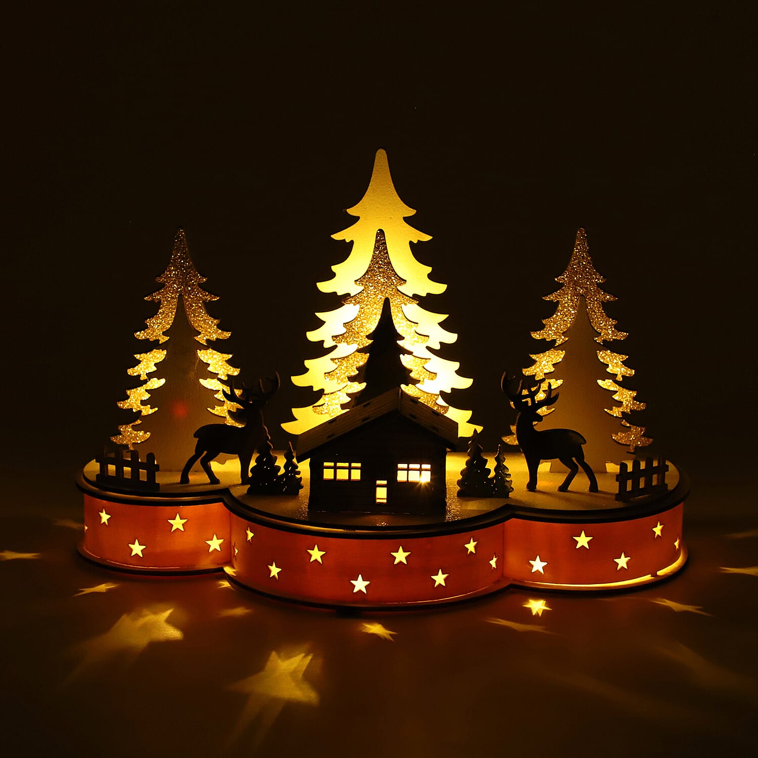 Christmas Decorative - Wooden House Scene with ChristmasTrees LED Lights  (Size 30x25x10 Cm) Requires 2AA Batteries (not Incld)