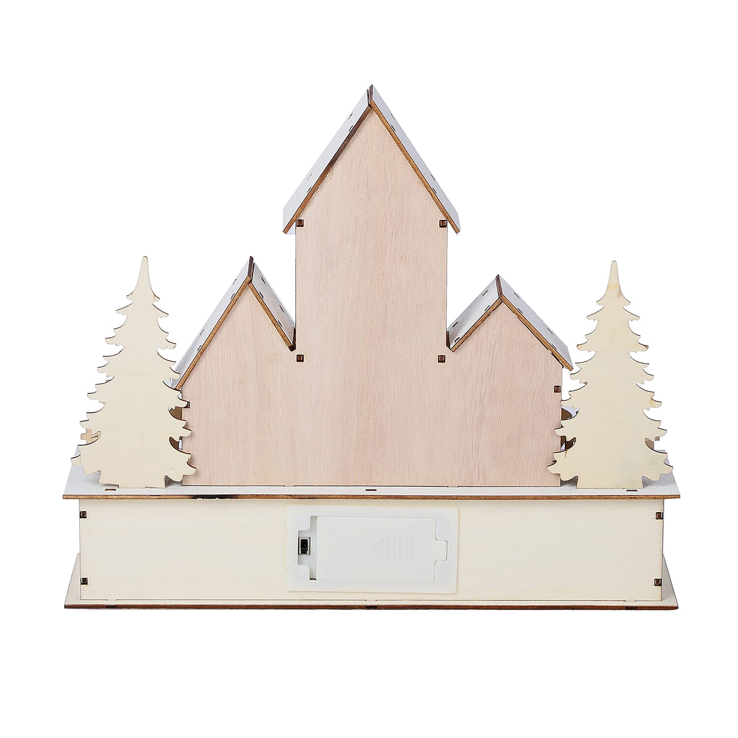 Christmas Decorative - Wooden House Scene with ChristmasTrees LED Lights  (Size 30x25x10 Cm) Requires 2AA Batteries (not Incld)