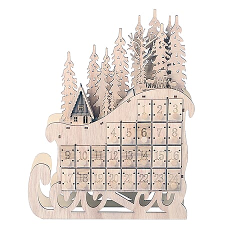 Christmas Decorative - LED Sleigh Advent Calendar (Size 40x32x10 Cm) - Light Brown